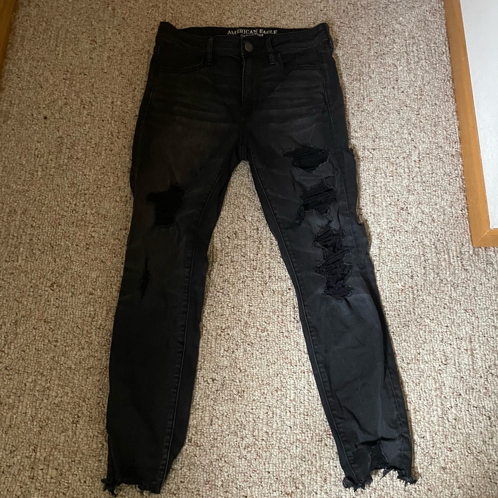 Black AE Super Strech X Distressed Jeans, Size 10